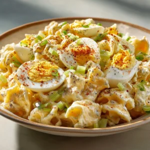 Flavorful deviled eggs pasta salad with fresh ingredients and herbs