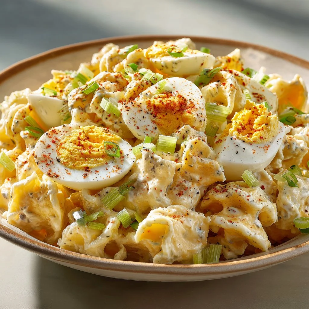 Flavorful deviled eggs pasta salad with fresh ingredients and herbs