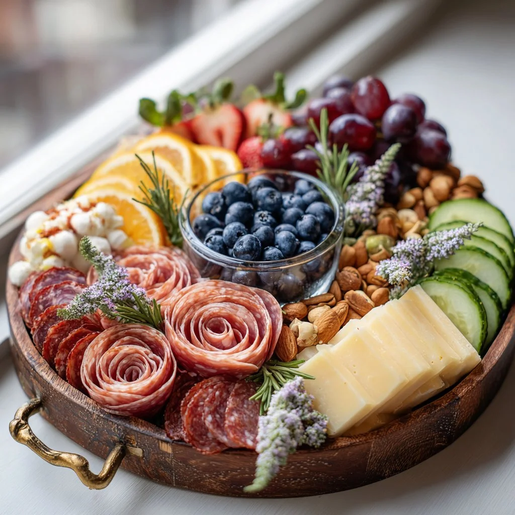 Beautiful floral charcuterie board showcasing a variety of cheeses and meats