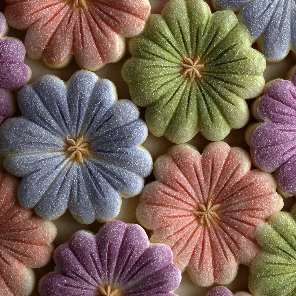 Decorative flower cookies in various colors and shapes for special occasions