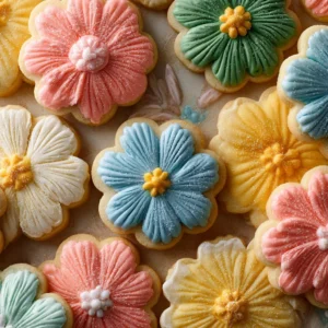 Decorative flower cookies with floral designs on soft vanilla sugar cookies