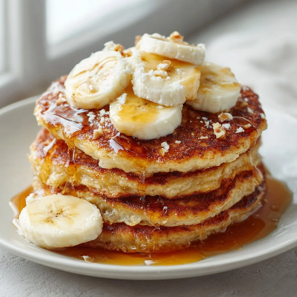Fluffy banana bread pancakes stacked with syrup and banana slices