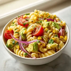 Delicious fresh corn and avocado pasta salad served in a bowl