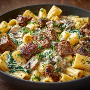 Delicious Garlic Butter Steak Rigatoni served with herbs and cheese.