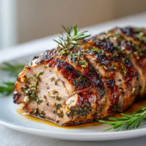 Garlic Herb Roasted Pork Loin served with fresh herbs and roasted vegetables.