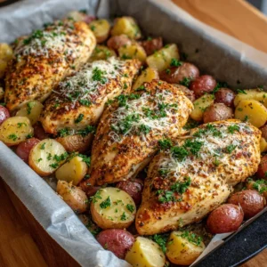 Garlic Parmesan Chicken served with roasted potatoes on a dinner plate