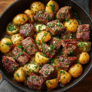 Delicious garlic steak bites served with crispy potatoes.