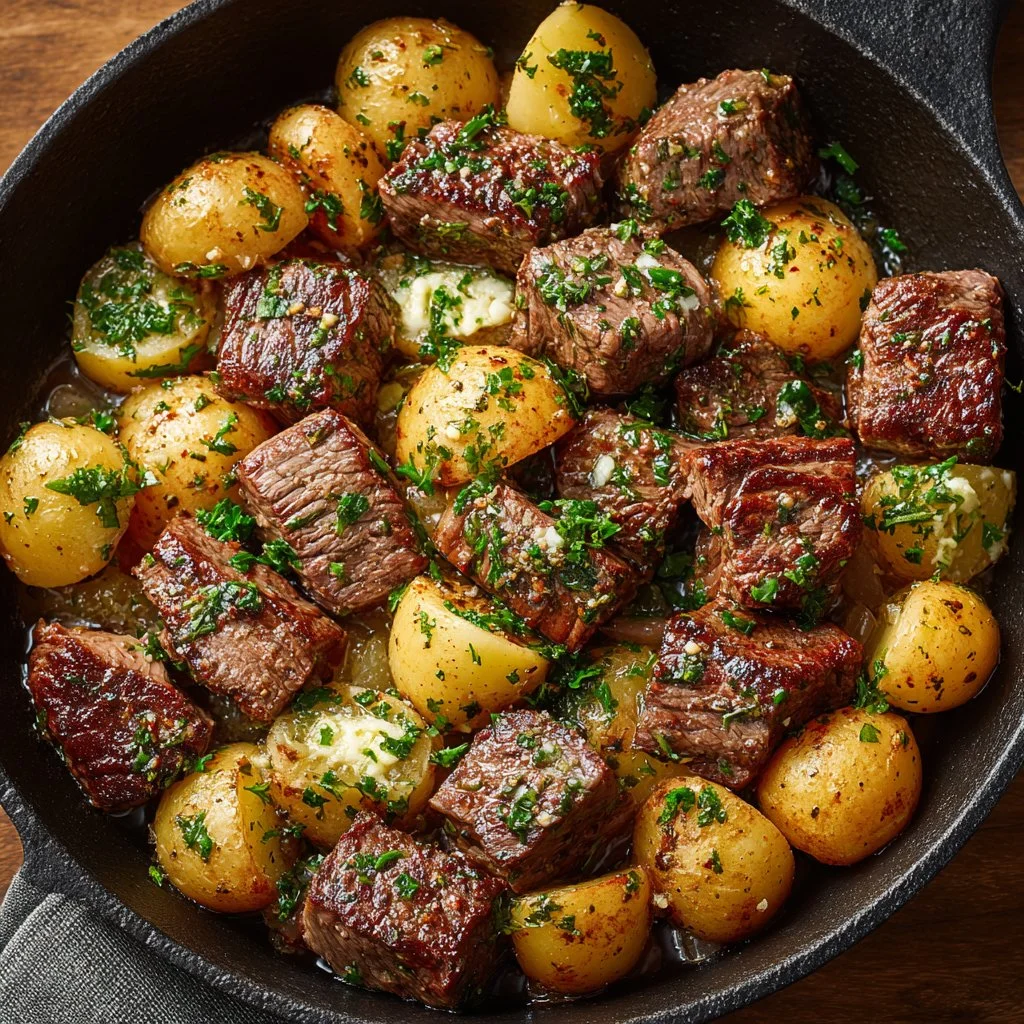 Delicious garlic steak bites served with crispy potatoes.