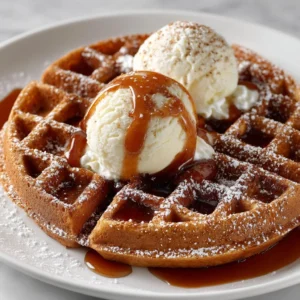 Delicious gingerbread waffles served with maple syrup and whipped cream