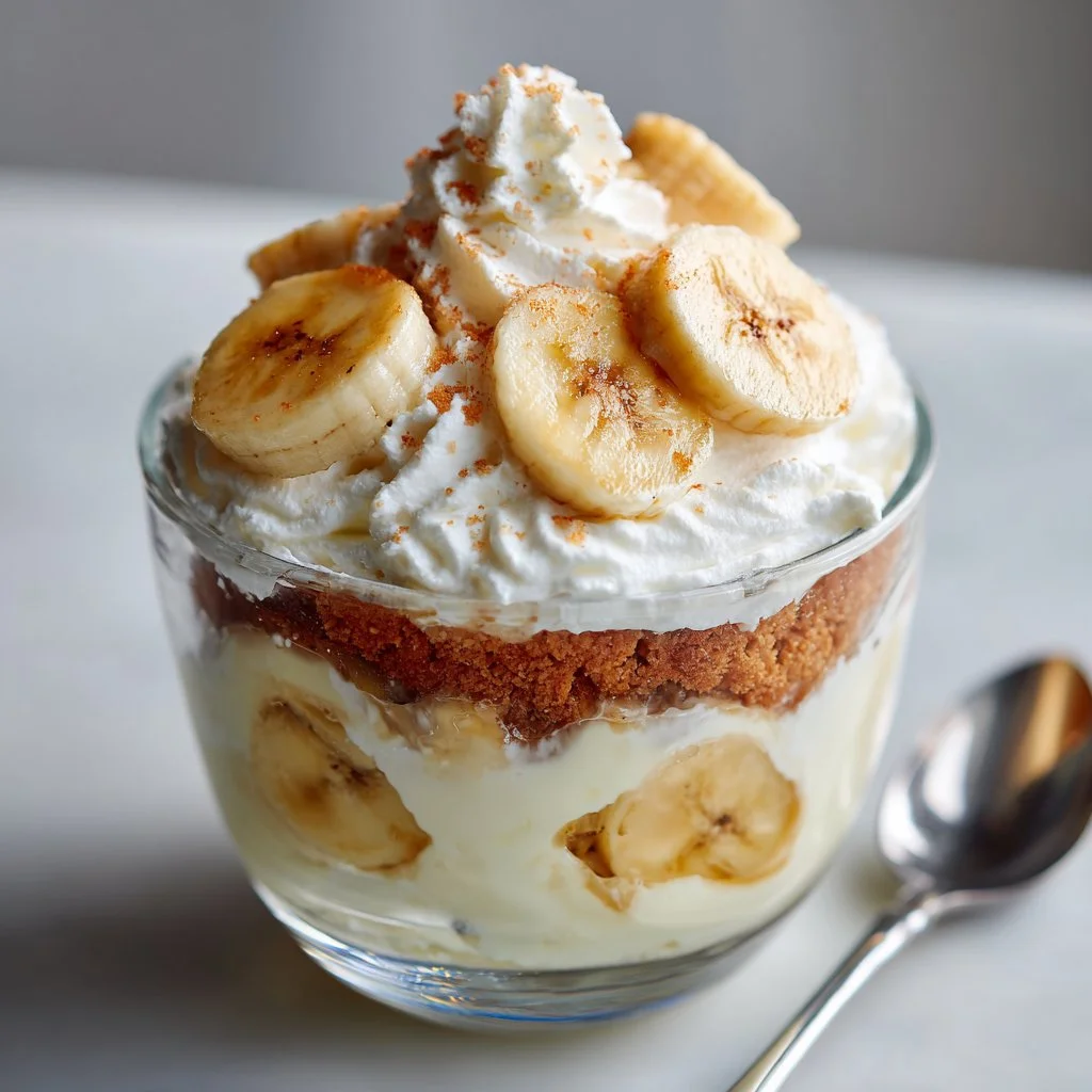 Delicious gluten-free banana pudding from Magnolia Bakery, topped with whipped cream.