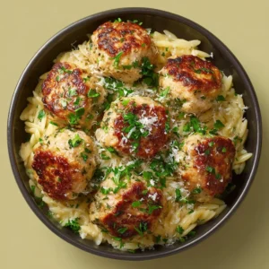Plate of Greek chicken meatballs served with lemon orzo