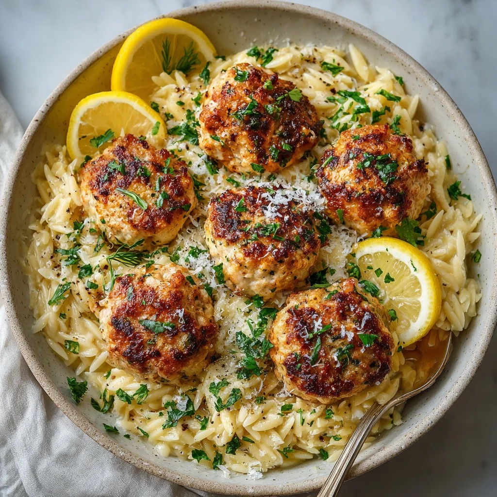 Greek Chicken Meatballs with Lemon Orzo