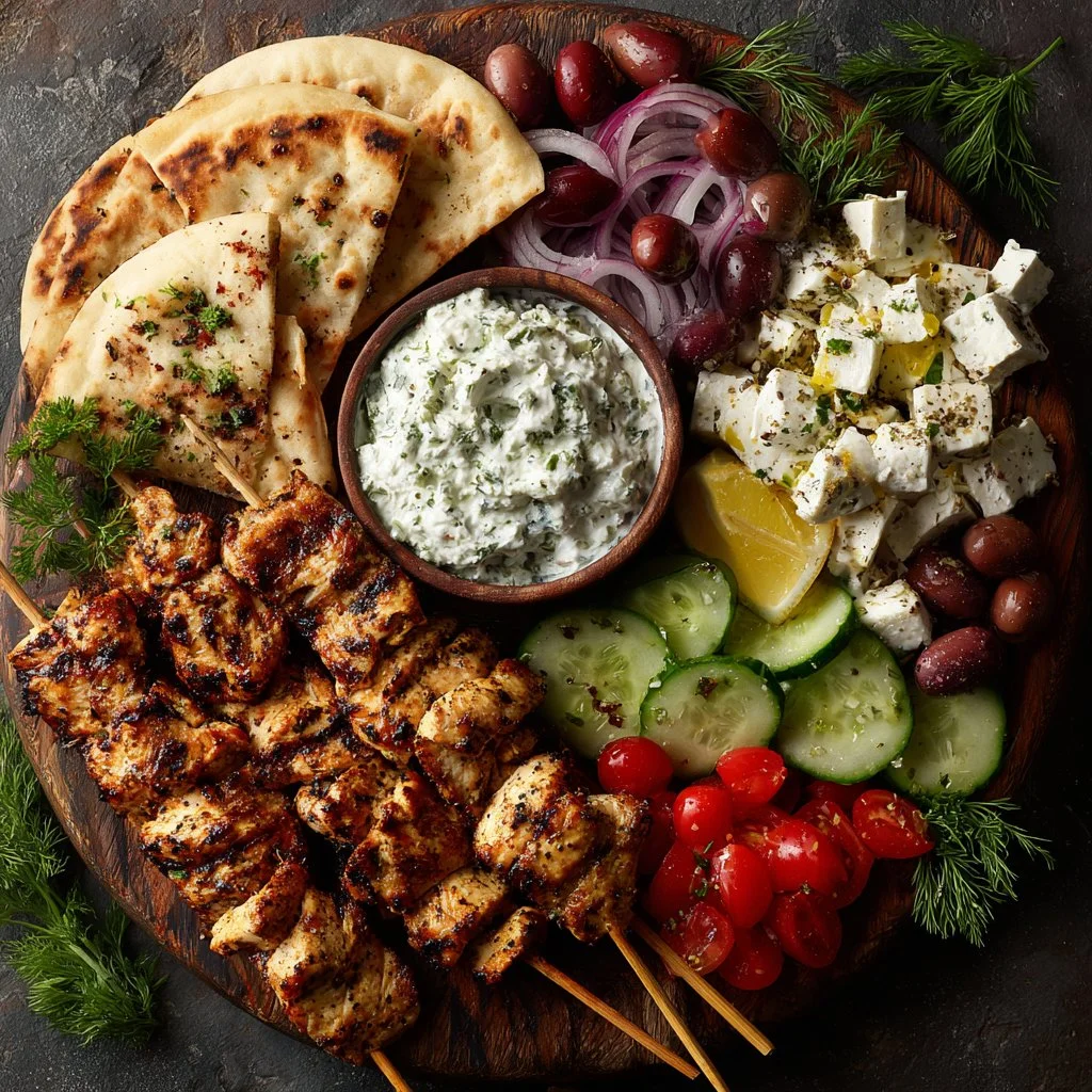 Greek chicken souvlaki grazing board with feta dip for a Mediterranean feast