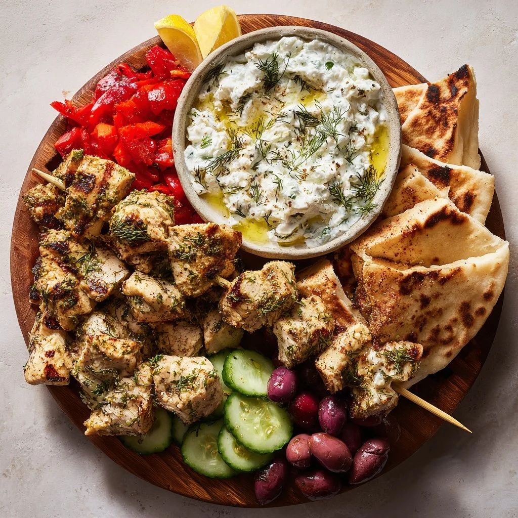 Greek Chicken Souvlaki Grazing Board with Feta Dip – A Mediterranean Feast to Share