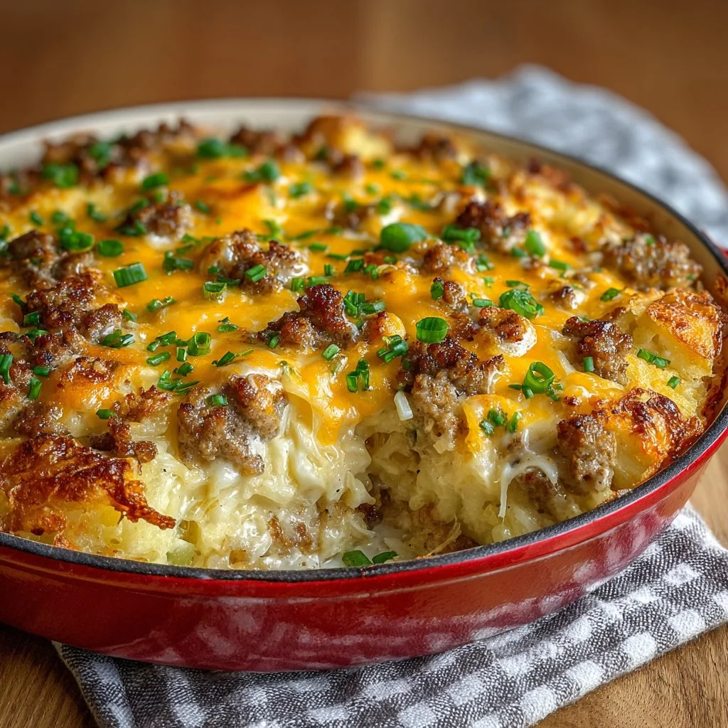 Delicious Hash Brown Breakfast Casserole served in a baking dish