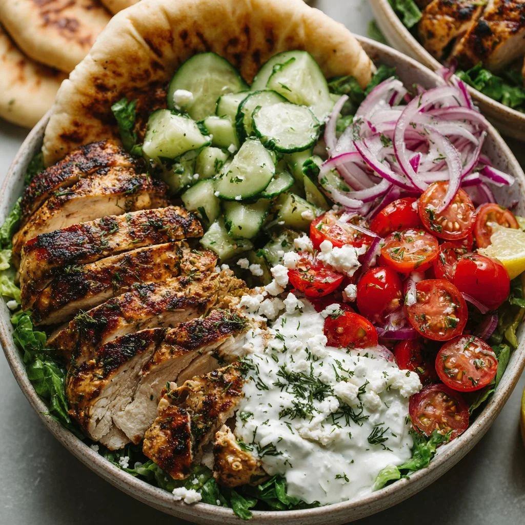 Healthy Greek Chicken Gyro Bowls with fresh veggies and tzatziki sauce