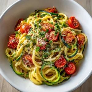 Healthy Tomato Zucchini Pasta served in a bowl with fresh basil and cheese