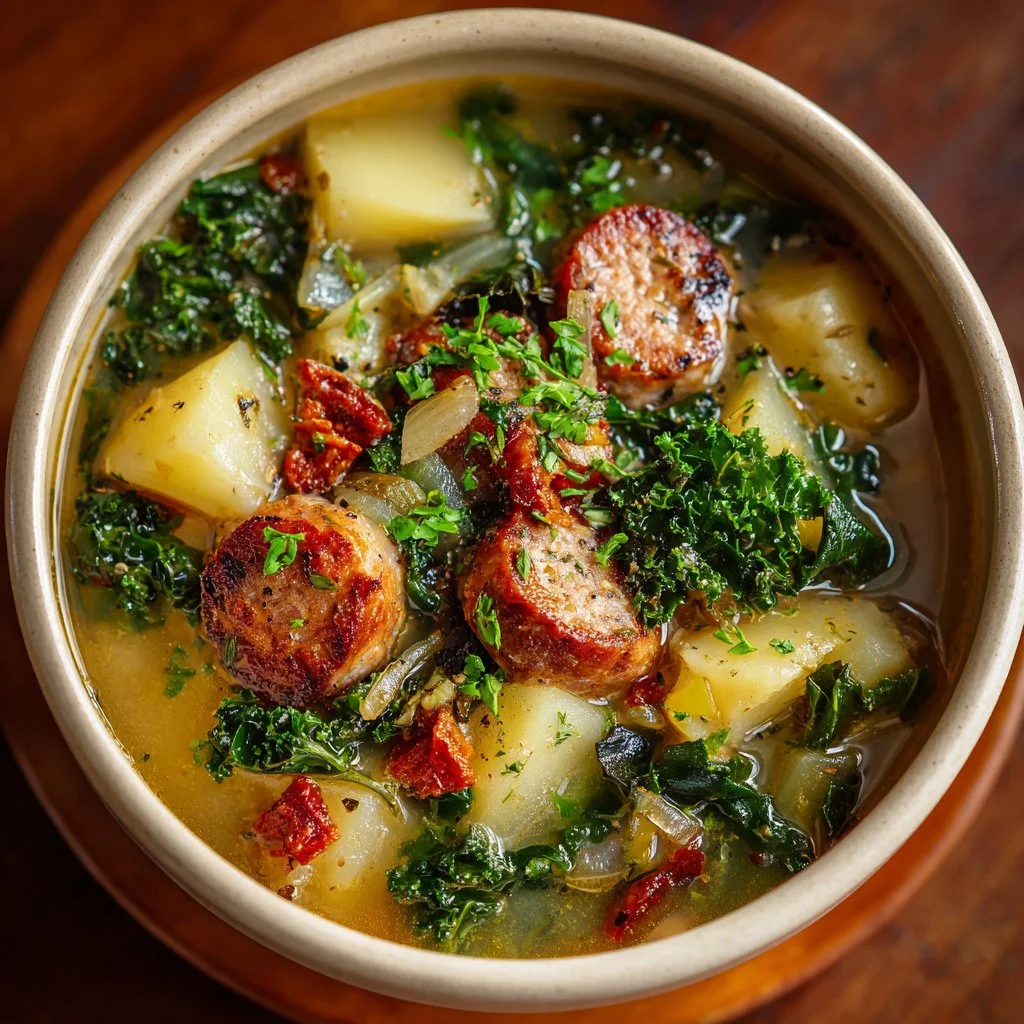 Hearty Instant Pot potato sausage kale soup served in a bowl