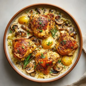 Delicious herb roasted chicken in creamy white wine sauce served on a plate