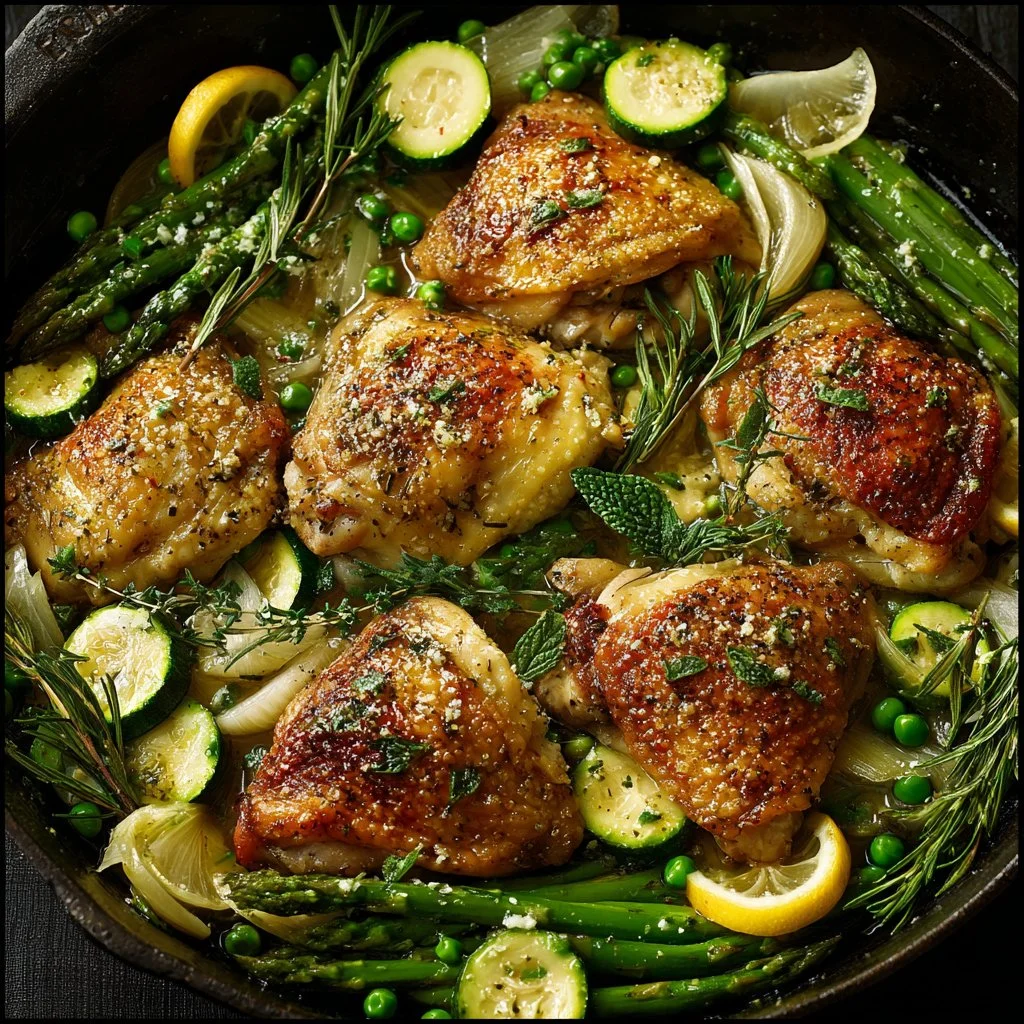 Delicious herb roasted chicken served with vibrant spring vegetables