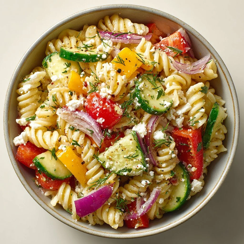 High Protein Greek Pasta Salad with fresh ingredients and vibrant colors