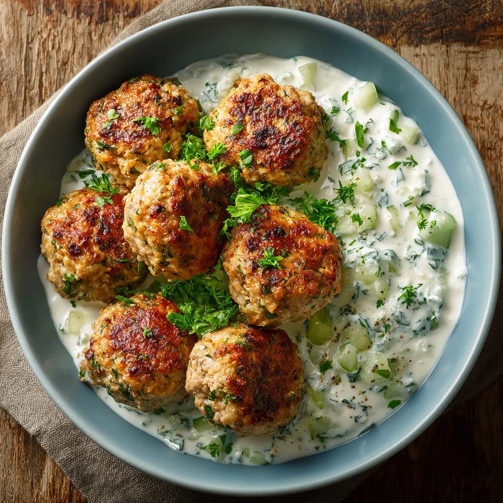 Plate of high protein Greek turkey meatballs with tzatziki sauce