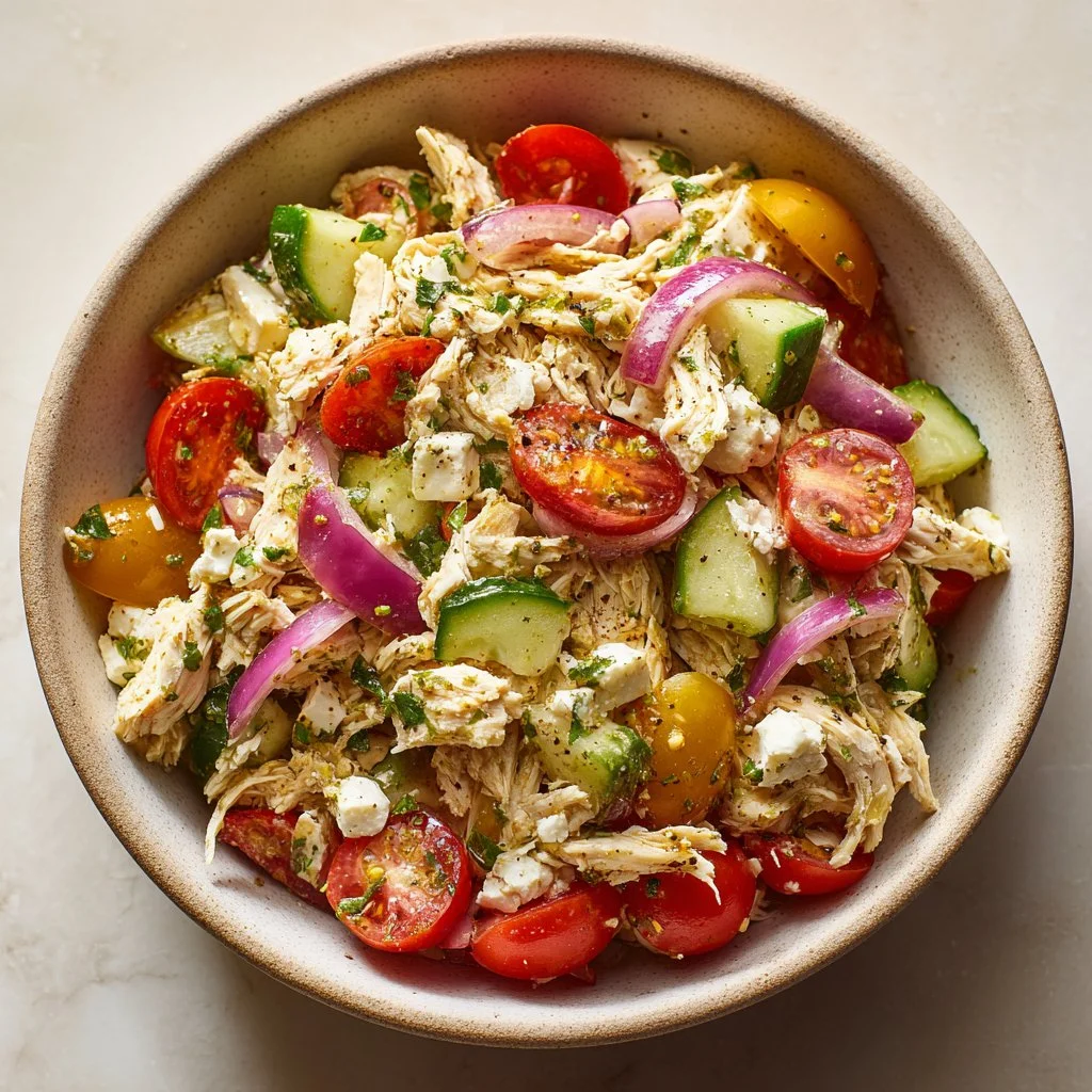 High Protein Mediterranean Chicken Salad with fresh vegetables and grilled chicken