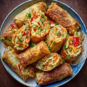 Crispy homemade Chinese egg rolls filled with vegetables and meat