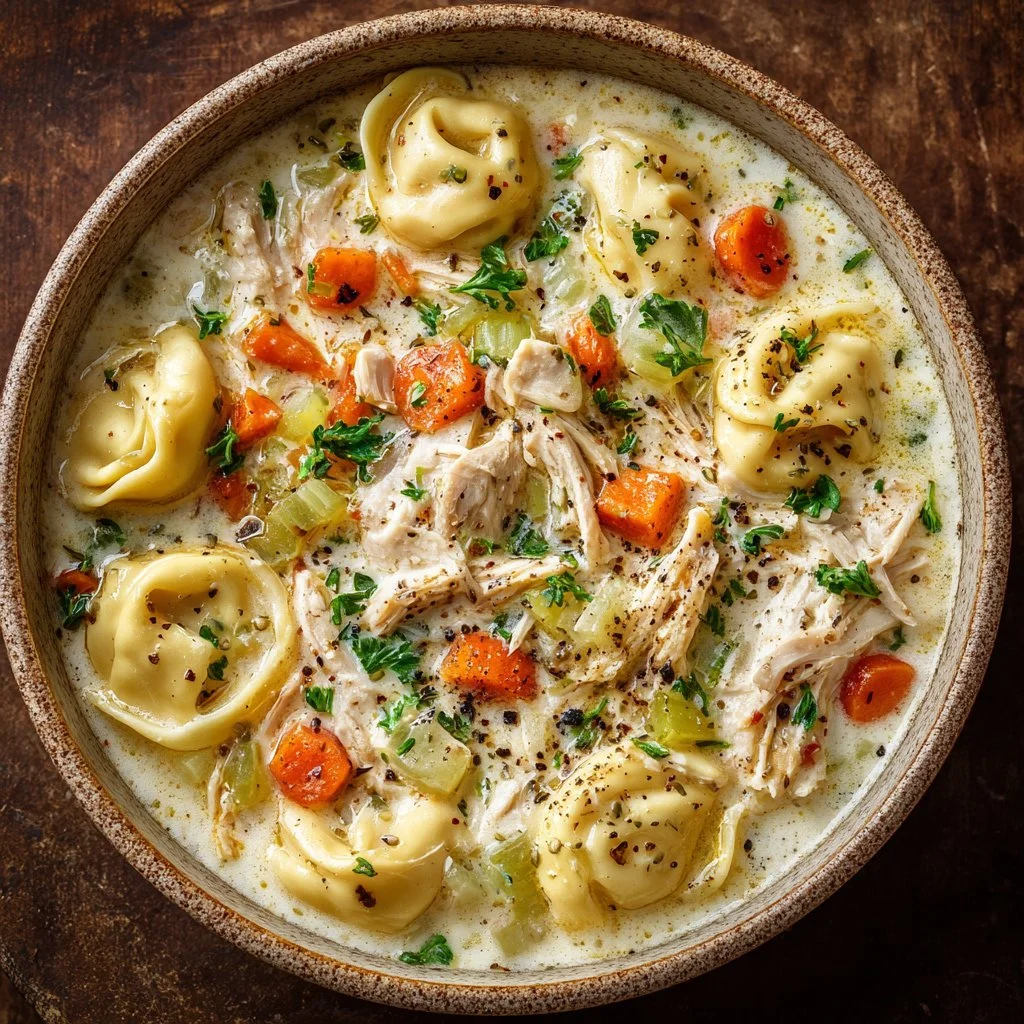 Bowl of homemade creamy chicken tortellini soup garnished with herbs