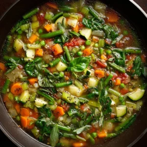 Bowl of homemade Italian green vegetable minestrone soup garnished with fresh herbs.