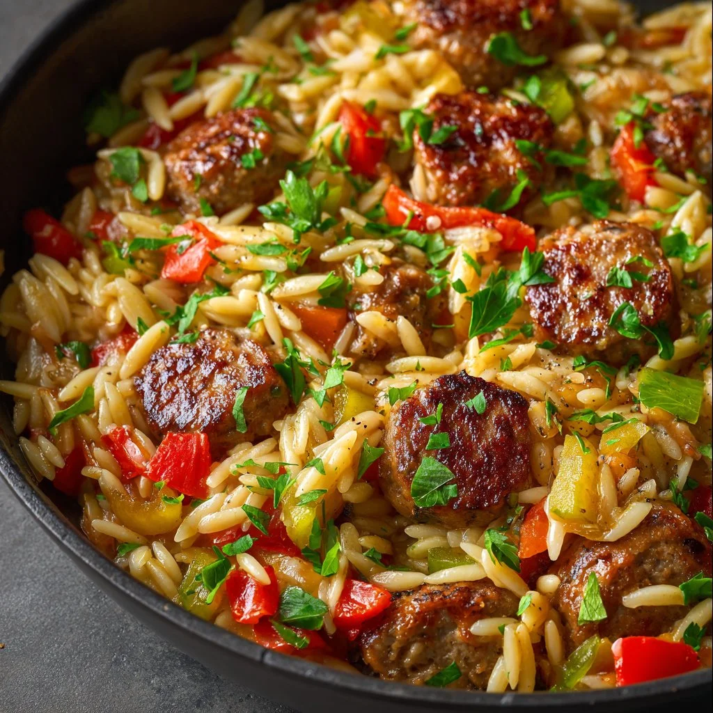 Bowl of homemade Italian sausage orzo with herbs and spices