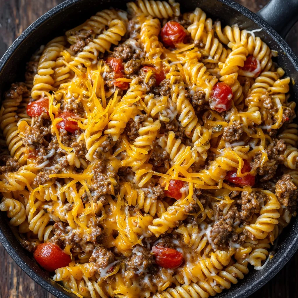 Homemade one-pot cheeseburger pasta served in a bowl with cheese and herbs.