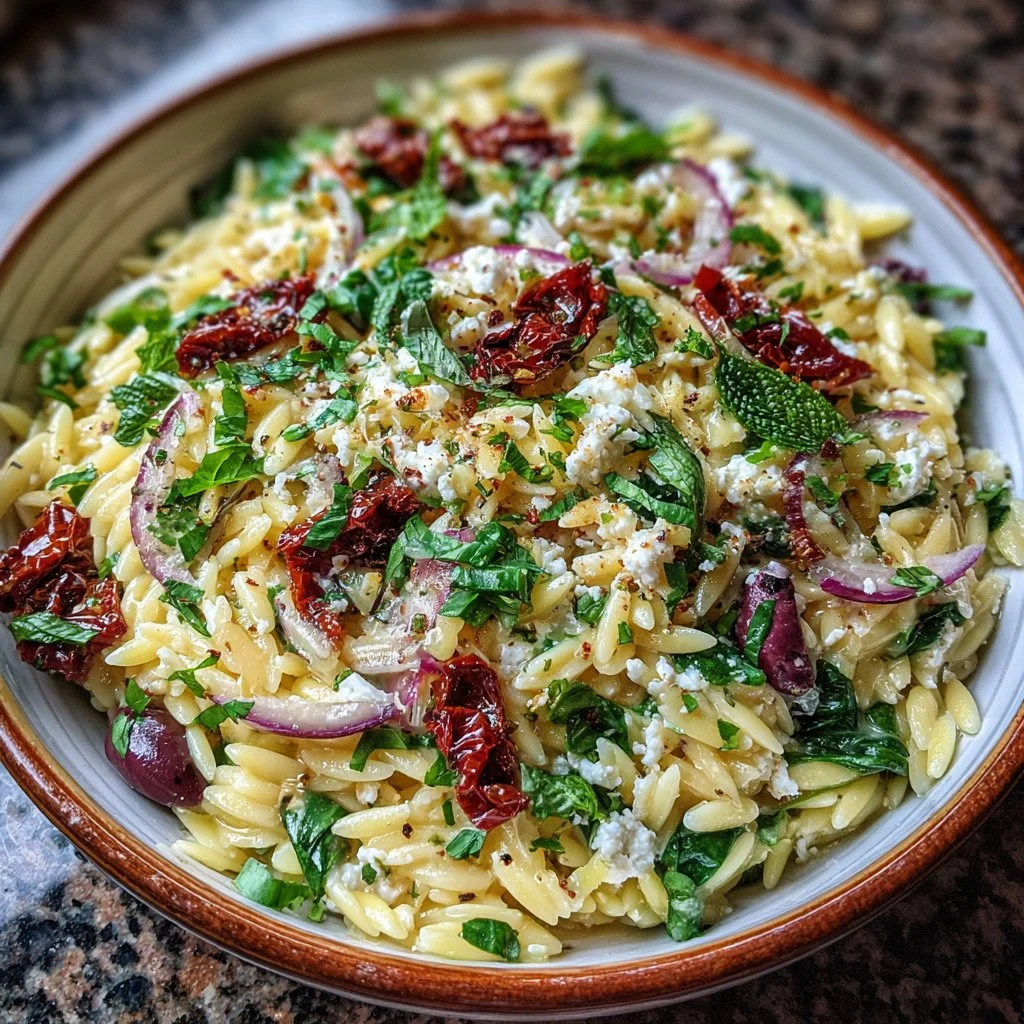 Homemade orzo pasta salad with feta cheese and sun-dried tomatoes