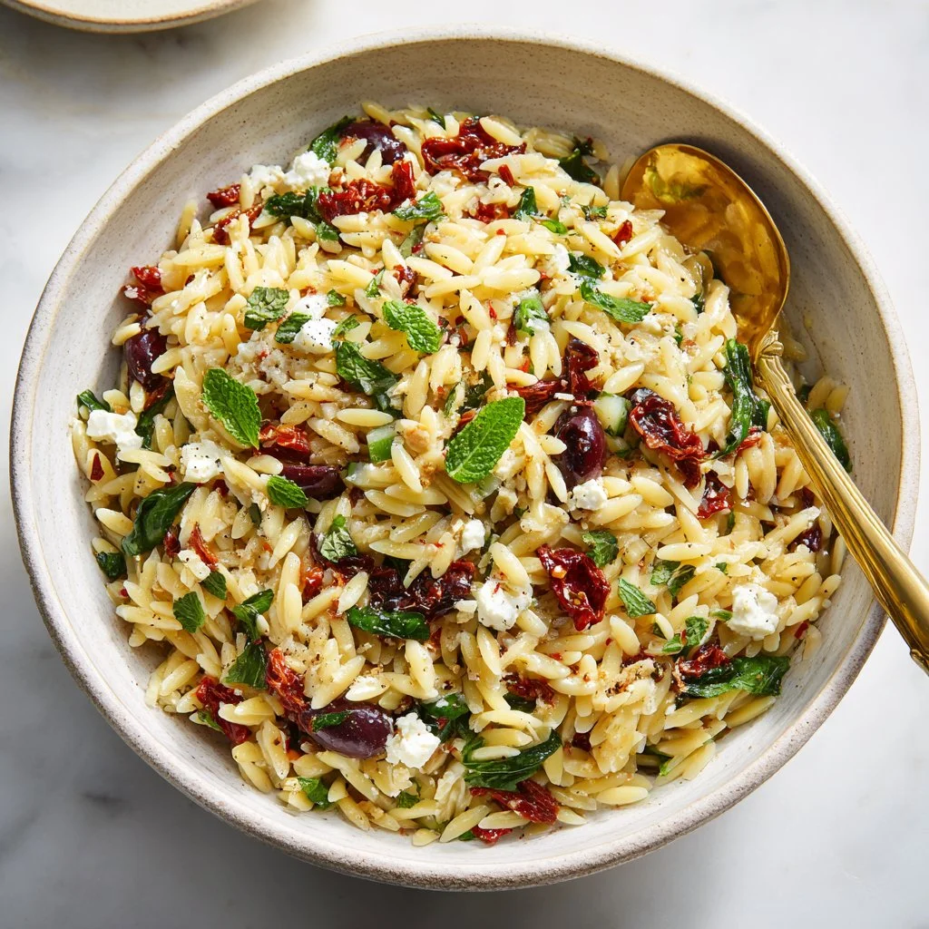Homemade Orzo Pasta Salad with Feta and Sun Dried Tomatoes