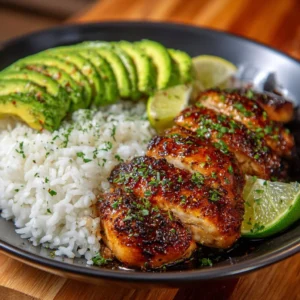 Honey Lime Chicken served on avocado rice with fresh ingredients