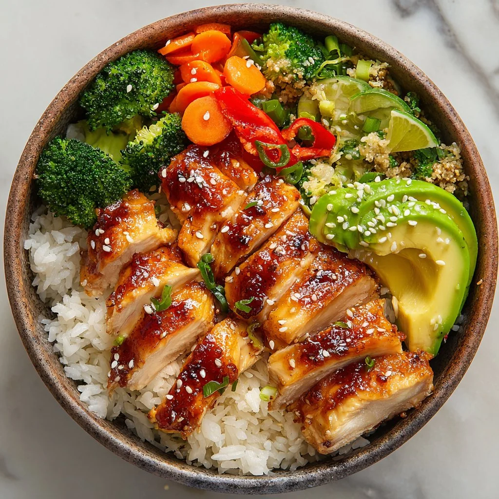 Hot honey chicken bowl with rice and vegetables in a vibrant presentation