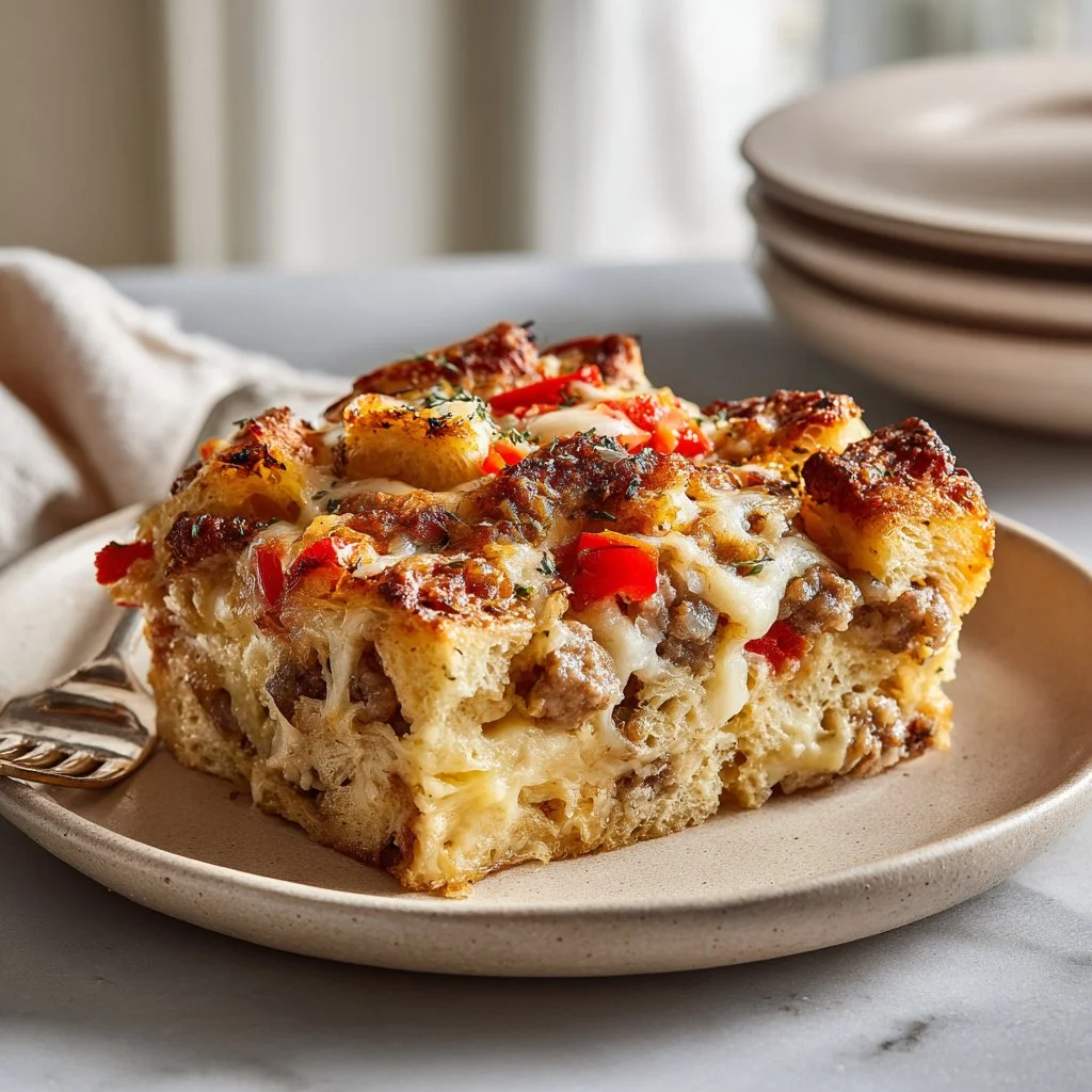 Delicious Ina Garten breakfast casserole served at a brunch table.