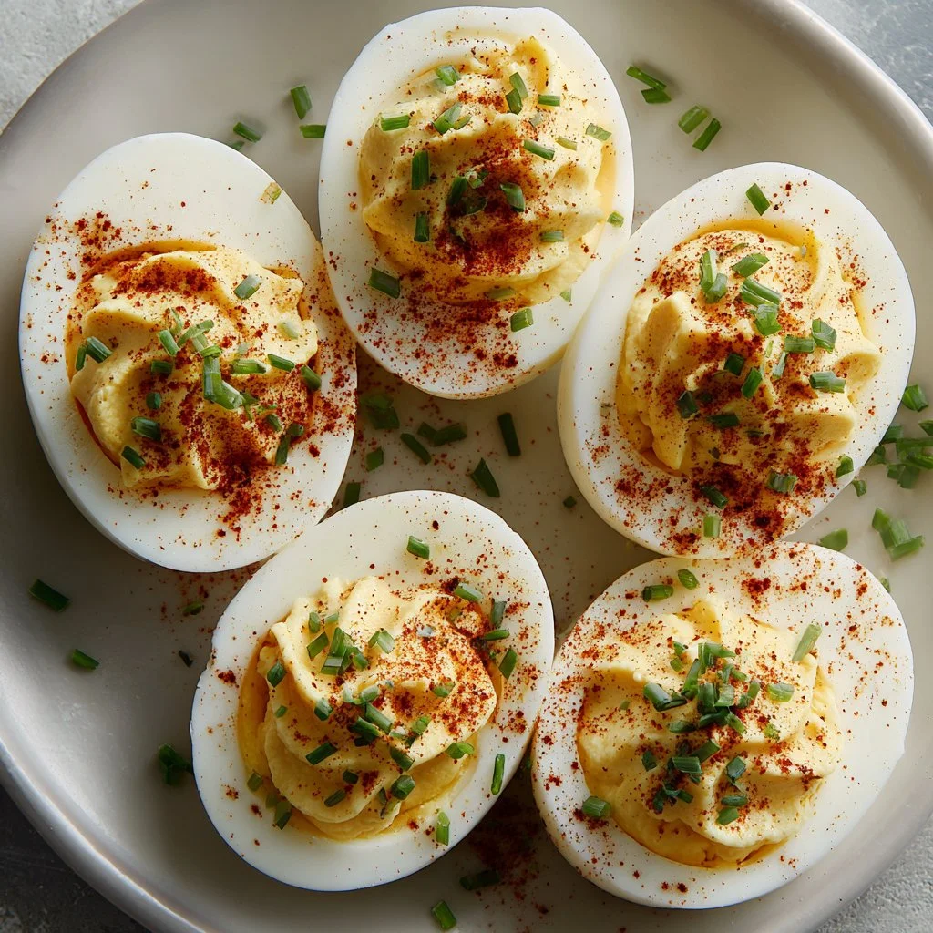 Delicious deviled eggs prepared using Ina Garten's recipe, served on a platter.