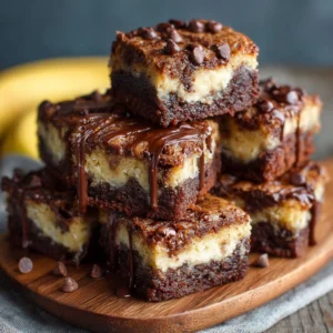 Delicious banana bread brownies with chocolate drizzles on a wooden plate.