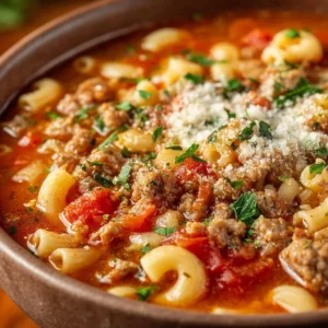 Bowl of Italian Sausage Soup with Tomato Pasta garnished with herbs.