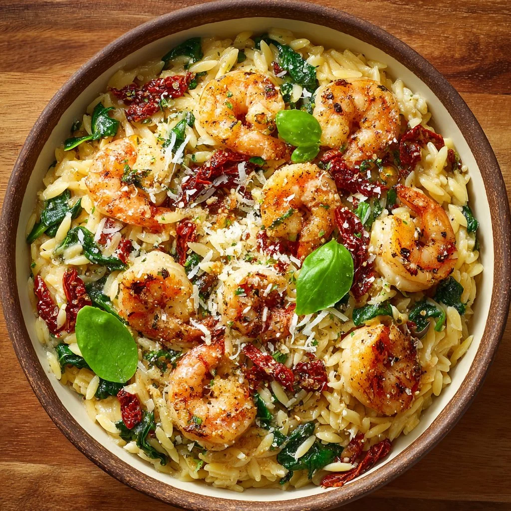 Italian Tuscan shrimp orzo with sun-dried tomatoes in a serving dish