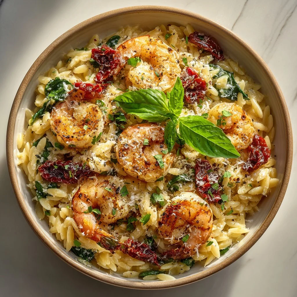 Italian Tuscan Shrimp Orzo with Sun-Dried Tomatoes