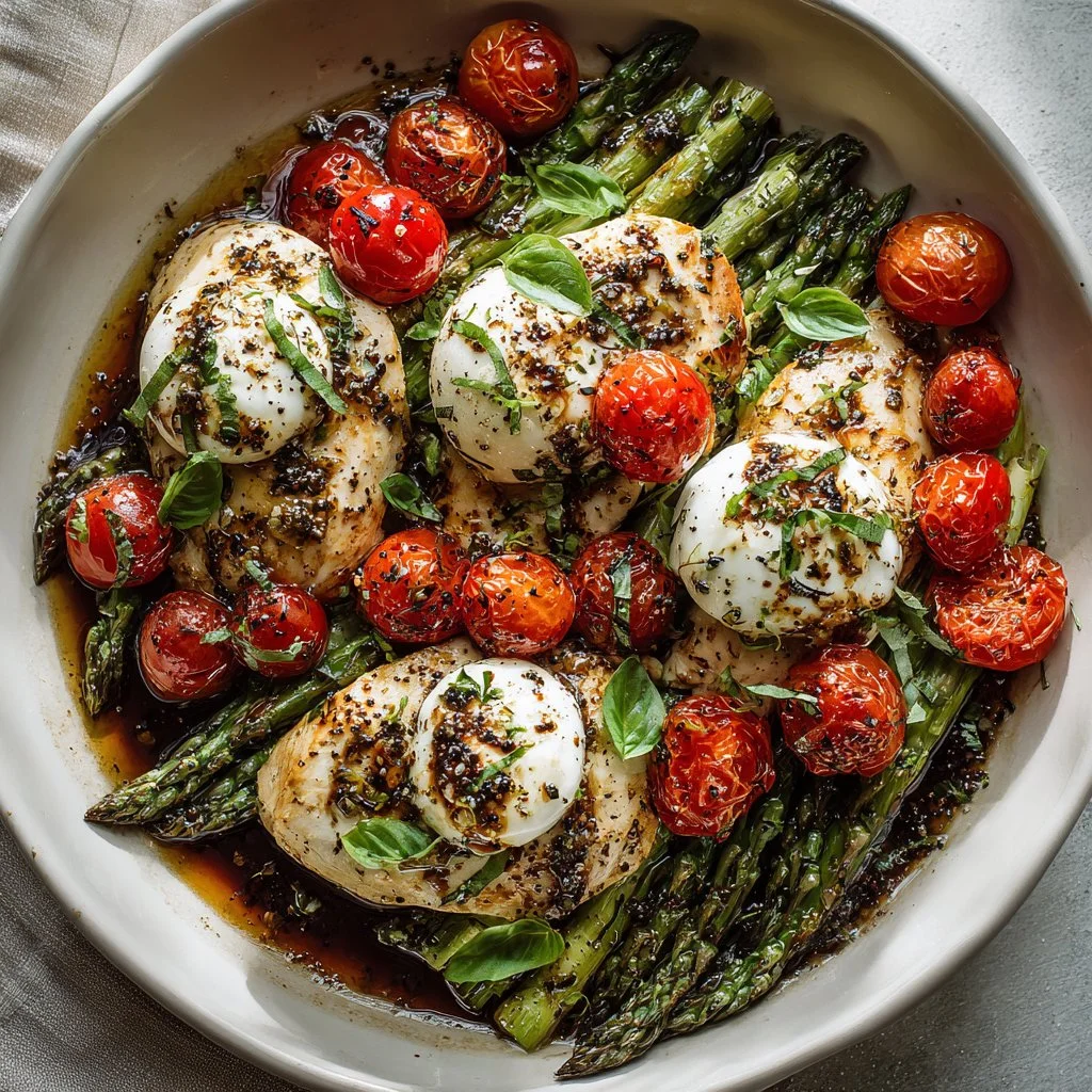 Deliciously juicy Caprese Chicken plated with fresh asparagus