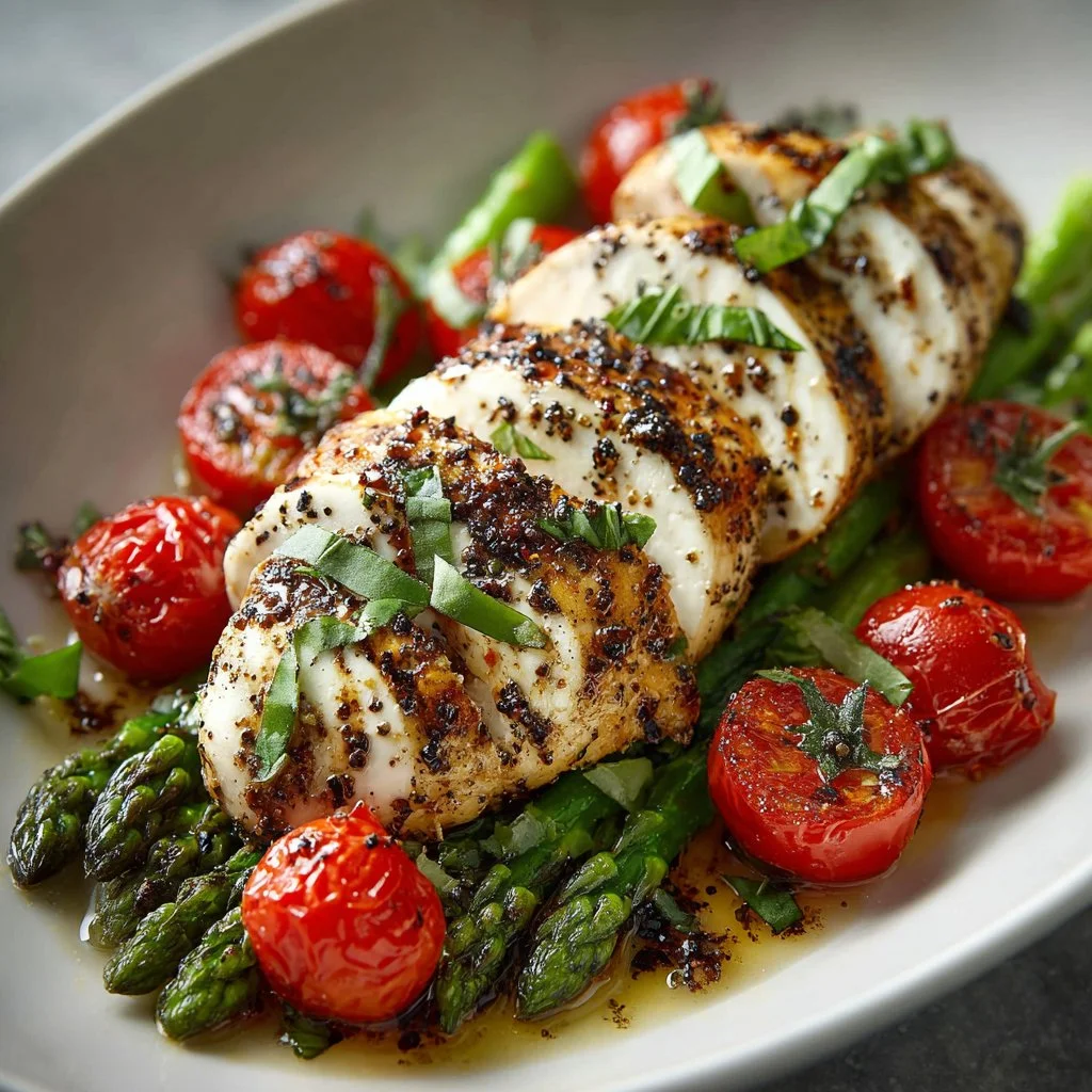 Juicy Caprese Chicken with Asparagus