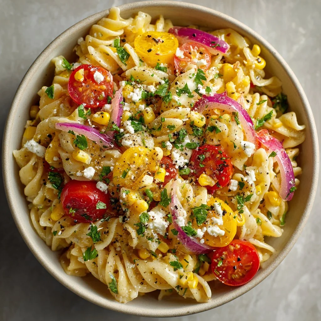 Delicious street corn pasta salad with vibrant vegetables and herbs.