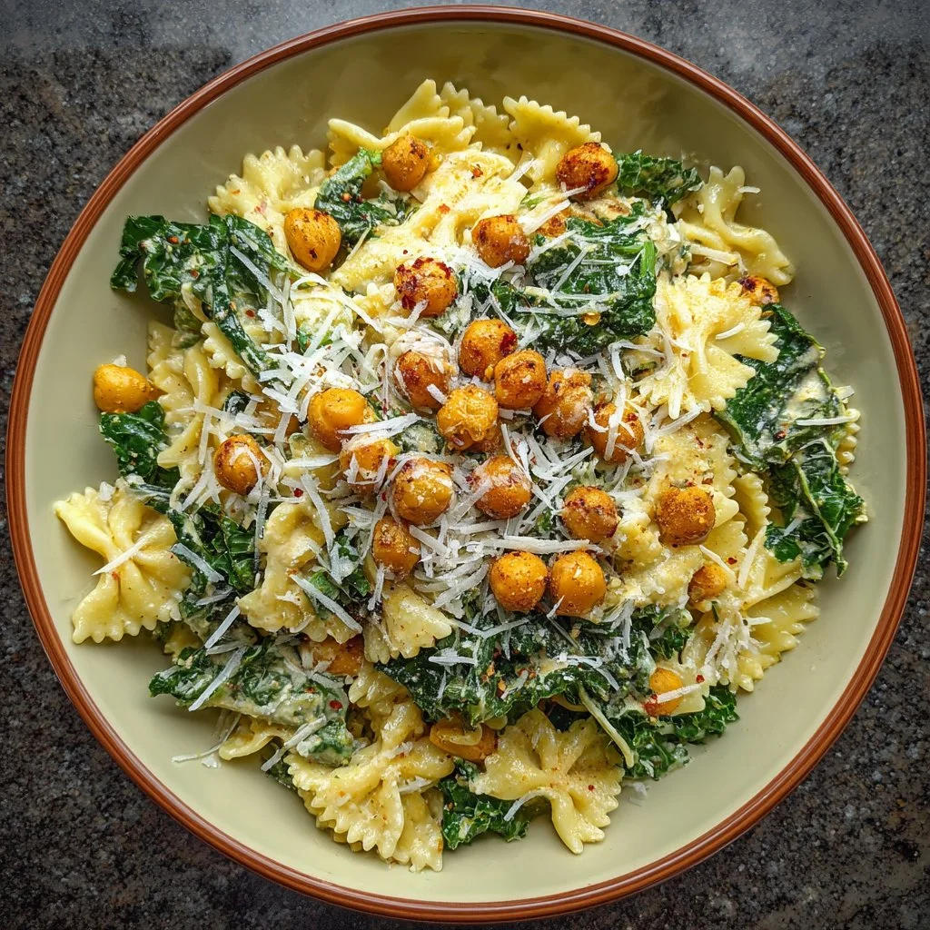 Delicious Kale Caesar Pasta Salad with fresh ingredients and creamy dressing