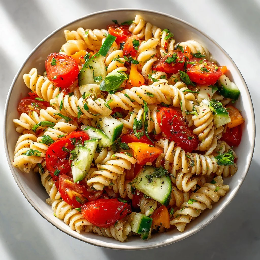 Bowl of legendary pasta salad with fresh vegetables and a delicious dressing.