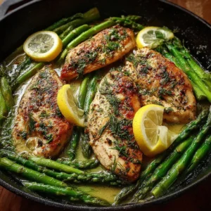 Lemon Dill Butter Chicken with asparagus and garlic on a plate