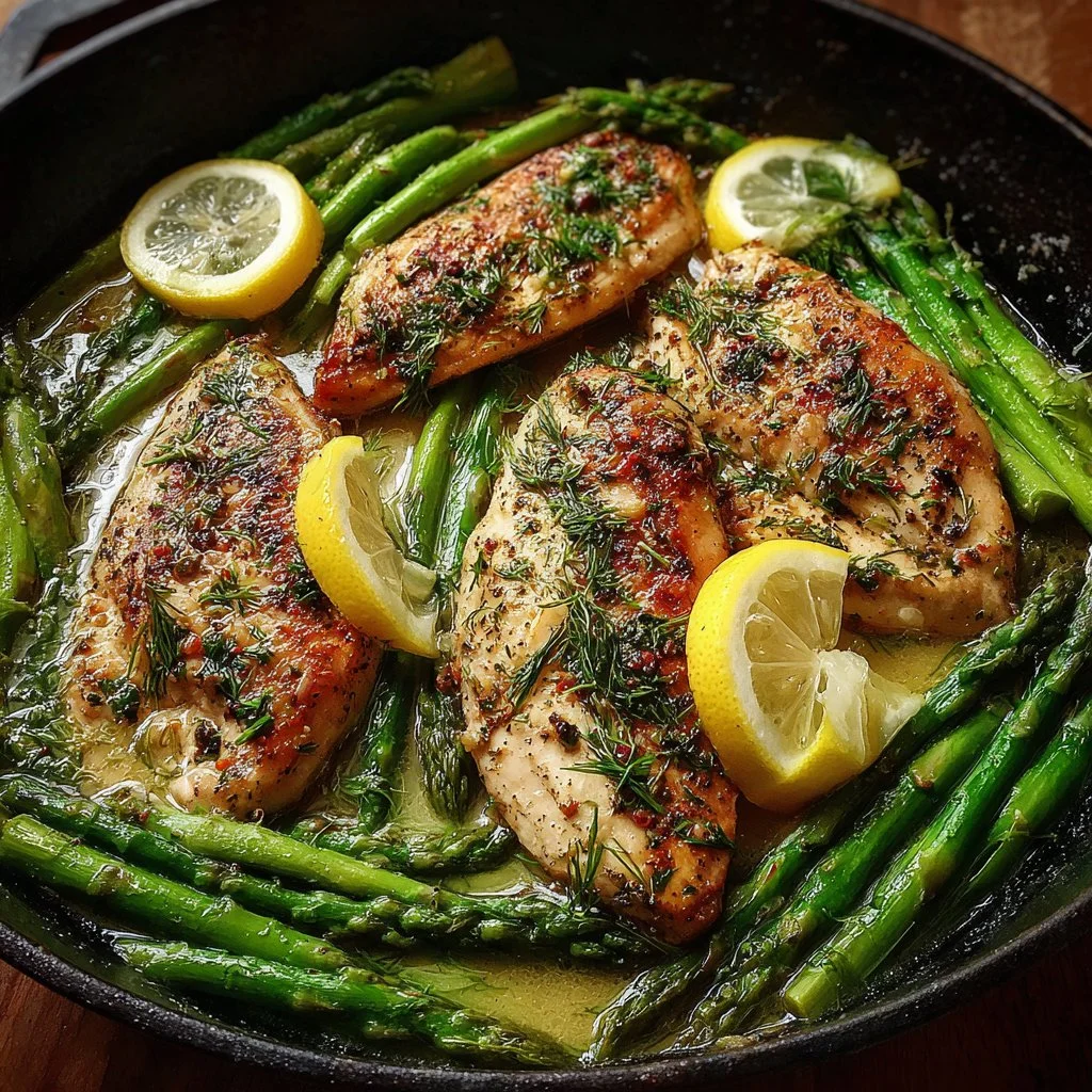 Lemon Dill Butter Chicken with asparagus and garlic on a plate