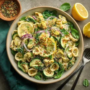 Delicious Lemon Basil Pasta Salad in a bowl with fresh ingredients
